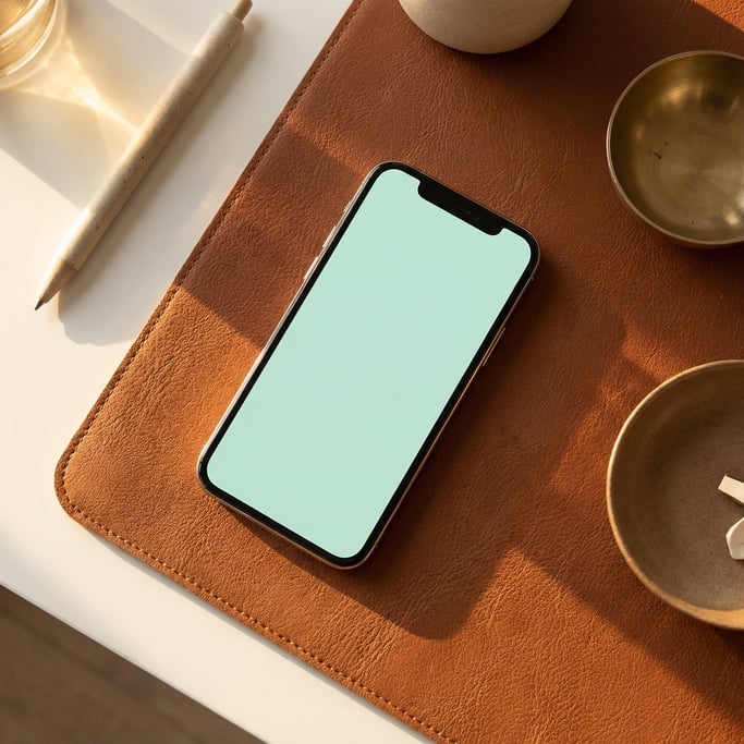 Smartphone lying face up on a leather desk pad, blank solid pale mint screen with no content