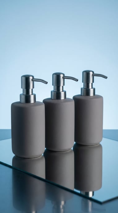 Soap dispenser in matte warm grey, three in a row