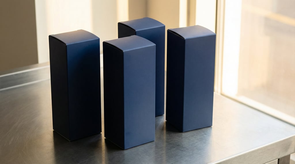 Tall narrow product box, four boxes arranged at slight angles, matte navy finish