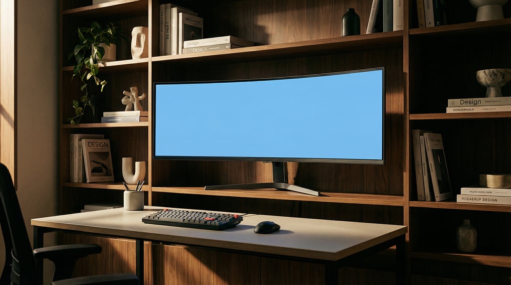 Ultrawide curved monitor on a bookshelf, blank solid sky blue screen with no content or UI