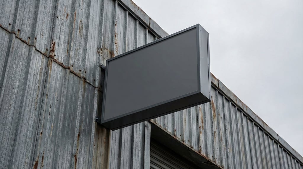 Canopy-mounted sign on a corrugated metal wall