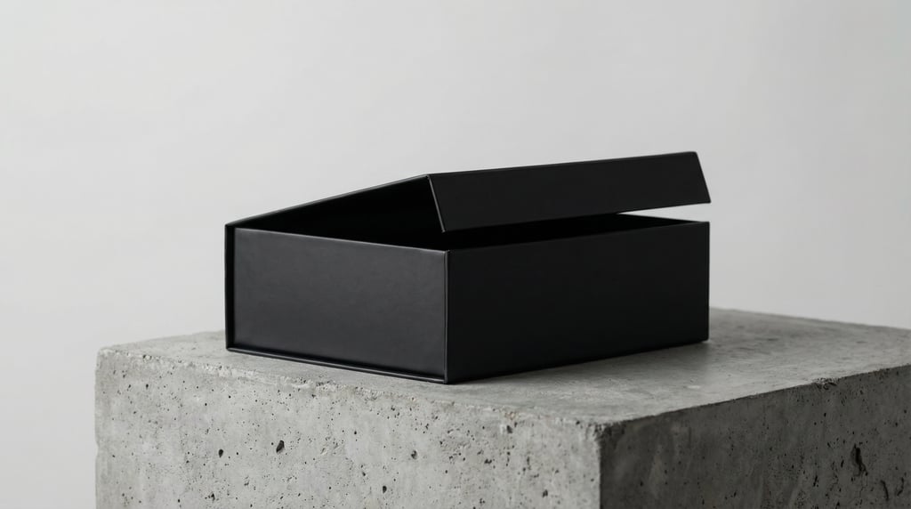 Magnetic closure box, single box with lid slightly ajar, matte black finish