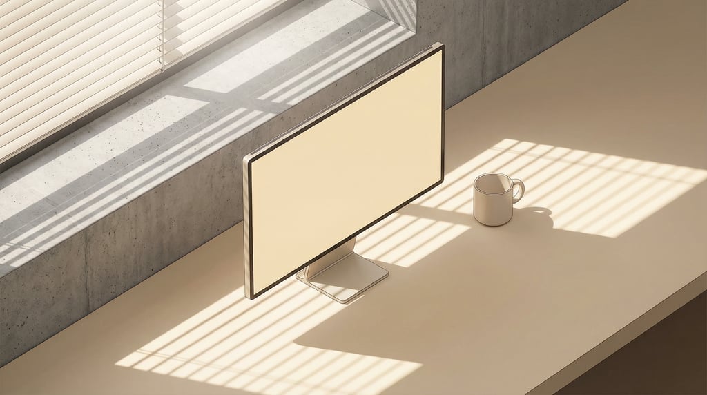 Isometric view, slim-profile monitor on a window ledge