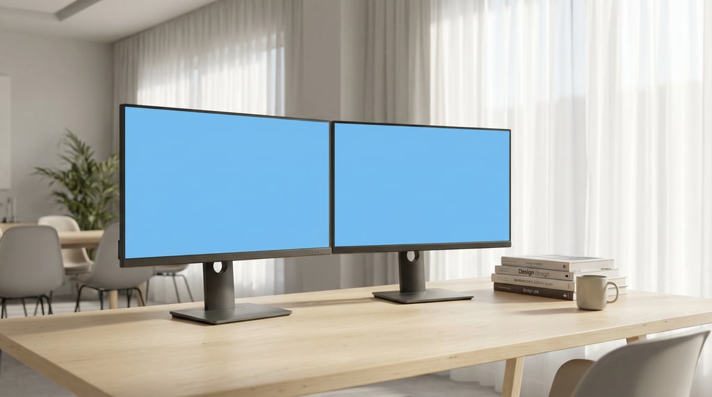Dual monitor setup on a light birch desk, blank solid sky blue screen with no content or UI