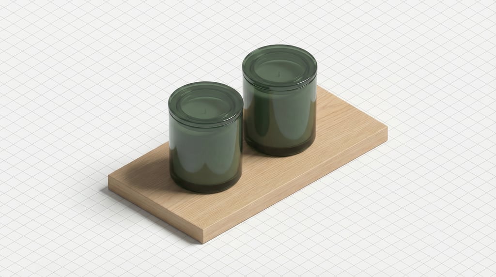 Isometric view, candle jar with lid in dark green glass, two side by side