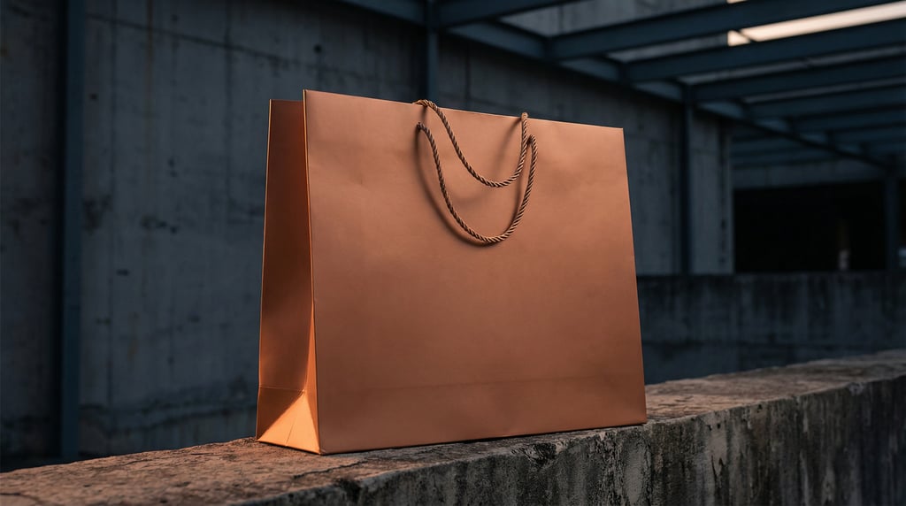Large retail shopping bag in matte copper, standing with handles spread
