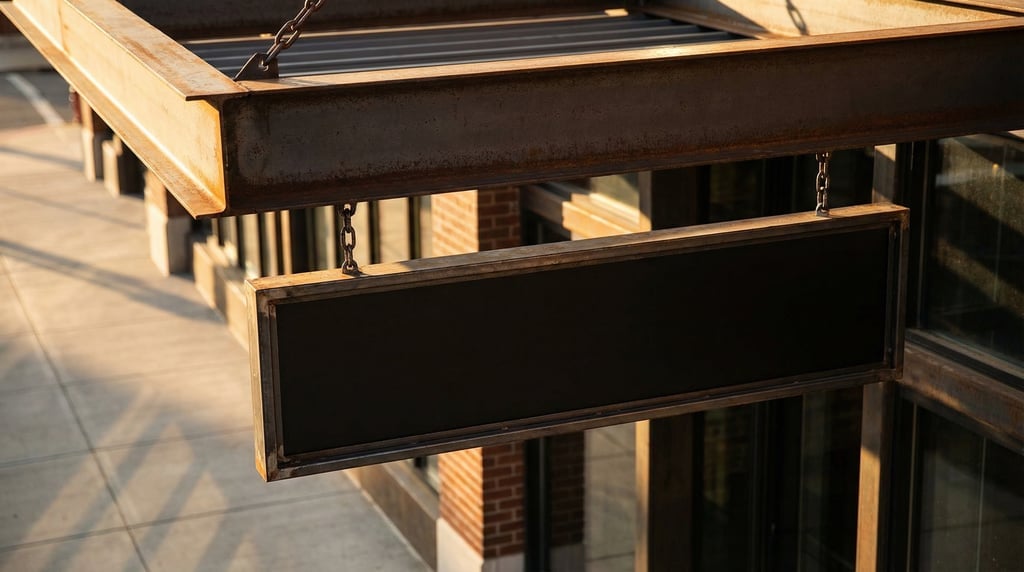Canopy-mounted sign attached to a metal beam
