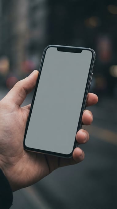 Hand holding a smartphone against a dark blurred background