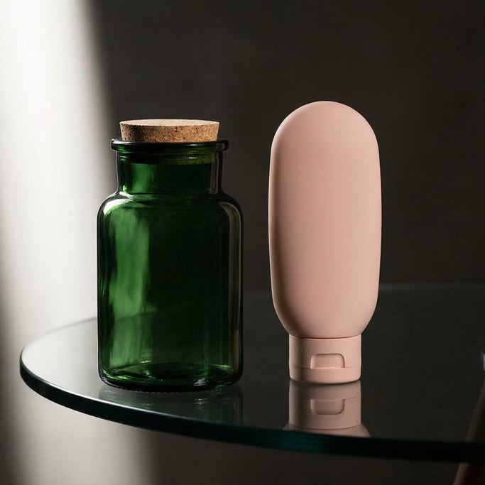 Wide-mouth jar in dark green glass and flip-top squeeze bottle in matte blush pink