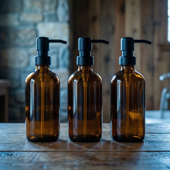 Lotion pump bottle in amber glass, three in a row