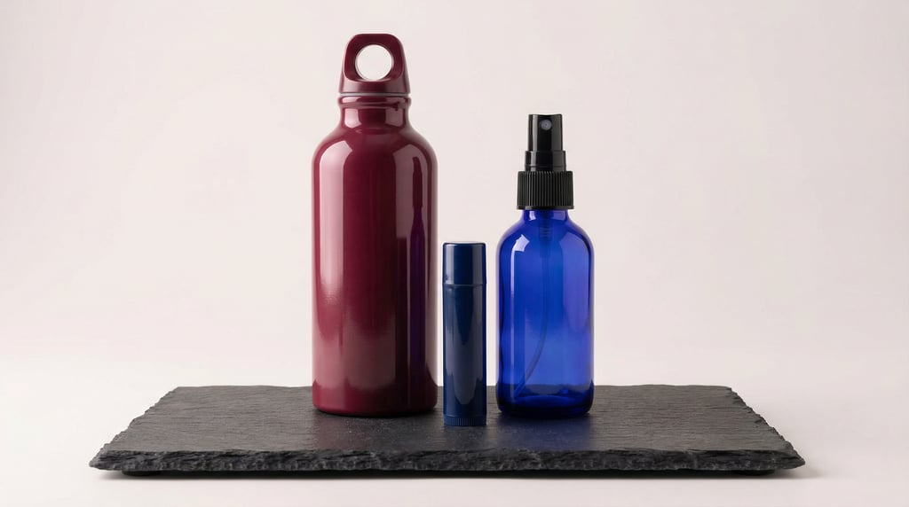 Sports bottle in glossy burgundy and lip balm tube in glossy navy and spray bottle in cobalt blue gl