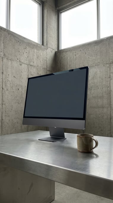 Modern all-in-one computer on a brushed steel desk, blank solid slate screen with no content or UI