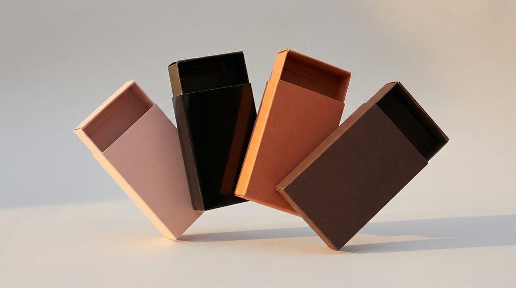 Sleeve-style box, three boxes fanned out, each a different color — matte blush, glossy black