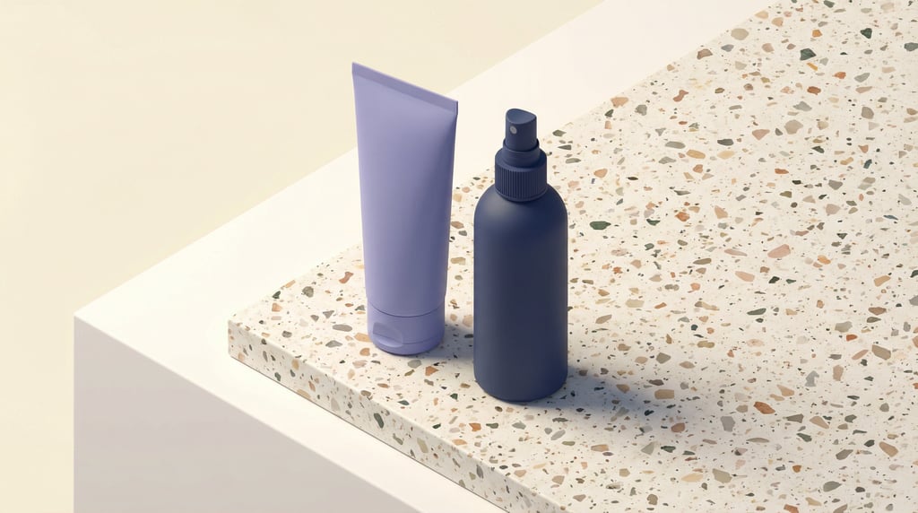 Isometric view, squeeze tube in matte lavender and spray bottle in matte navy