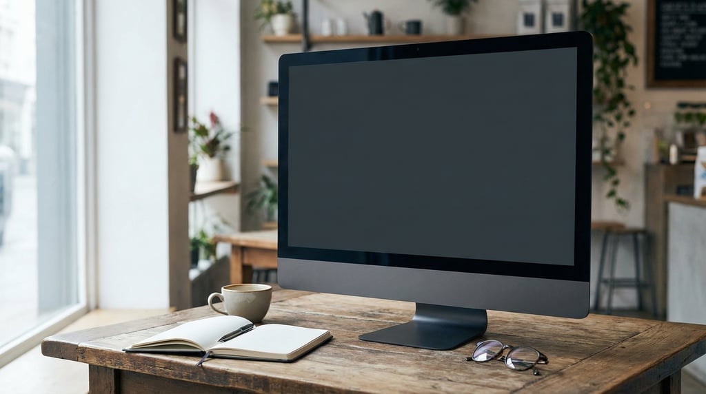 Desktop monitor on a cafe table, blank solid charcoal screen with no content or UI