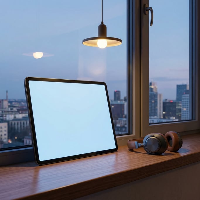 Large tablet on a windowsill, blank solid soft blue screen with no content or UI