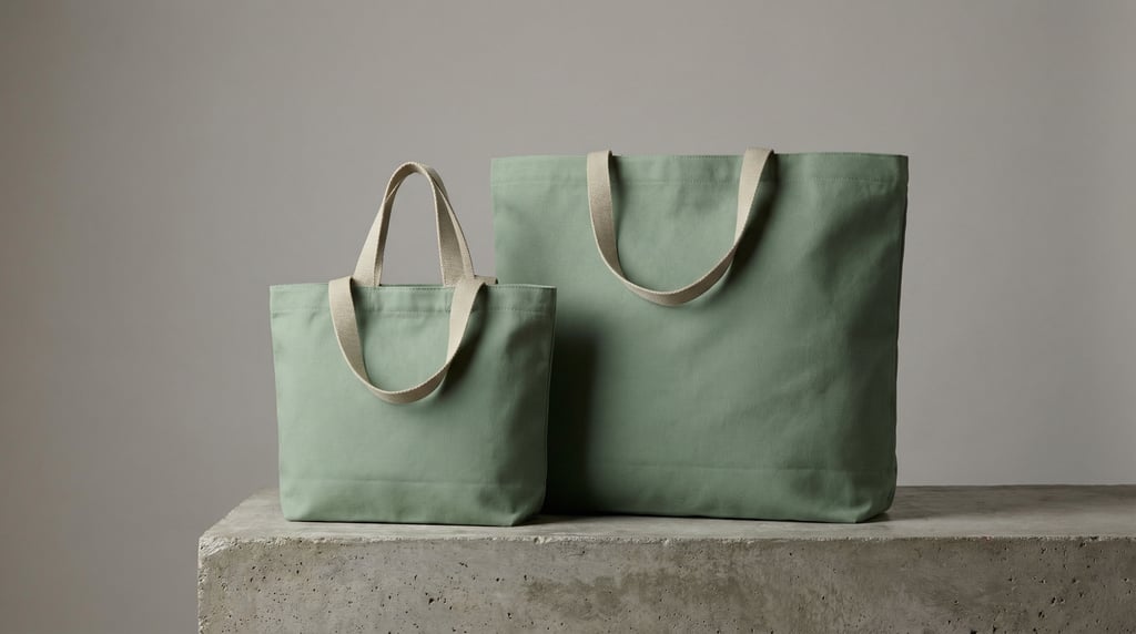 Canvas tote bag in matte sage green, two bags side by side different sizes