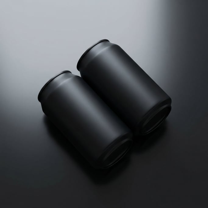 Aluminum can in matte black, two overlapping slightly