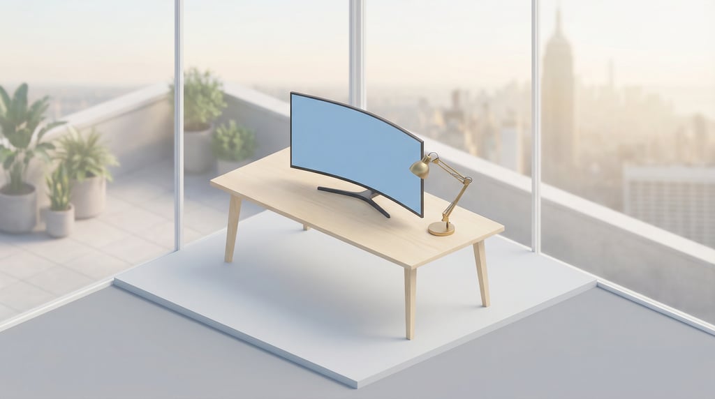 Isometric view, ultrawide curved monitor on a light birch desk