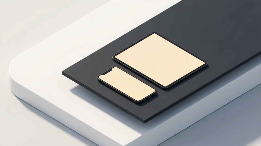 Isometric view, phone lying next to a tablet on a dark matte desk