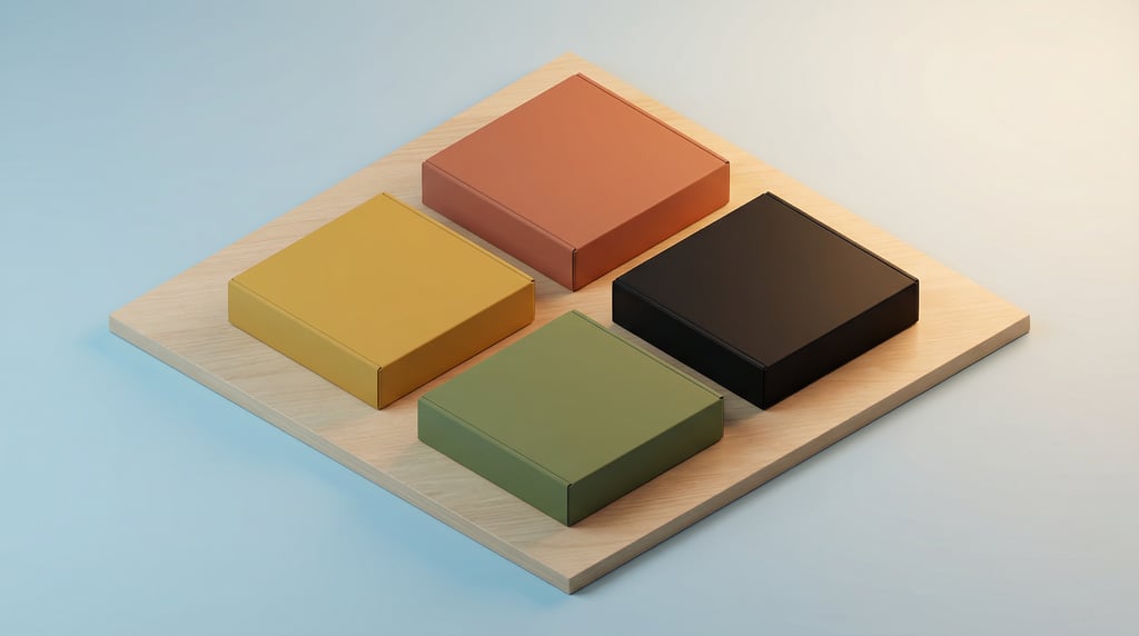 Isometric view, wide flat product box, four boxes arranged at slight angles