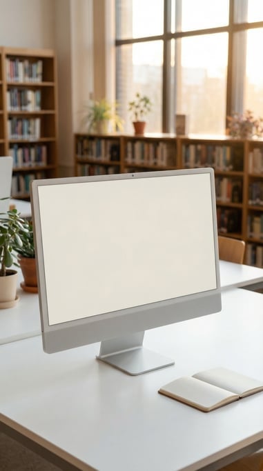 Desktop monitor on a clean white desk, blank solid pearl screen with no content or UI
