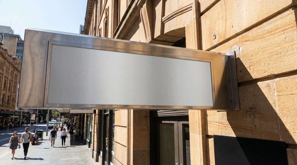 Canopy-mounted sign on a sandstone building exterior