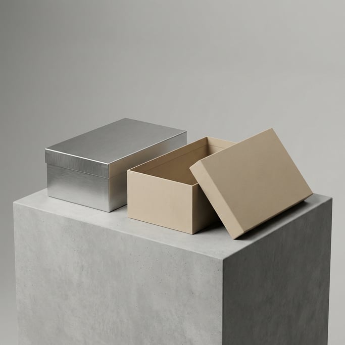 Shoe-box style packaging with lid, pair of boxes one open one closed, matte sand finish