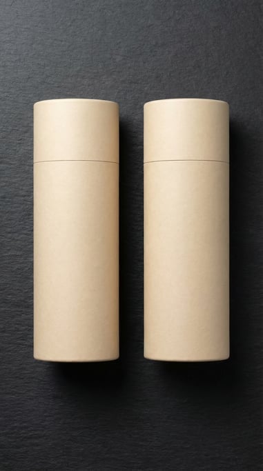 Cylinder tube packaging, two boxes side by side, matte oatmeal finish