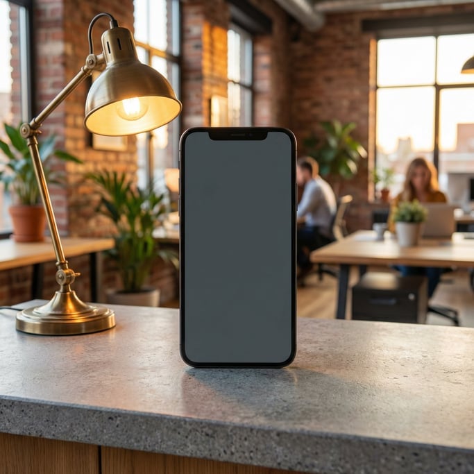 Large-screen smartphone on a stone countertop, blank solid charcoal screen with no content or UI