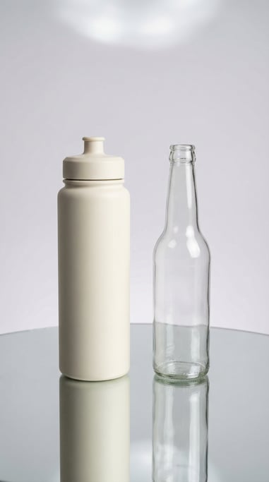 Sports bottle in matte ivory and beer bottle in clear glass