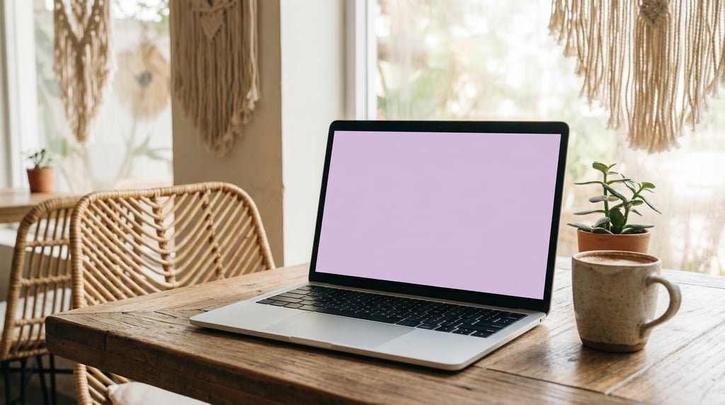 Thin modern laptop on a restaurant table, blank solid pale lilac screen with no content or UI
