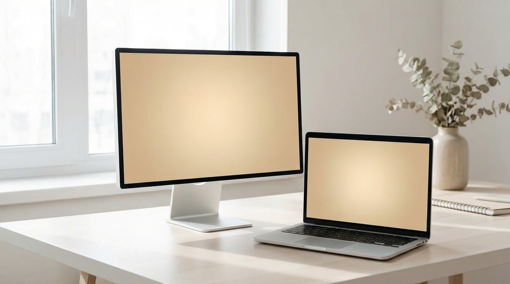 Desktop monitor with laptop beside it on a clean white desk