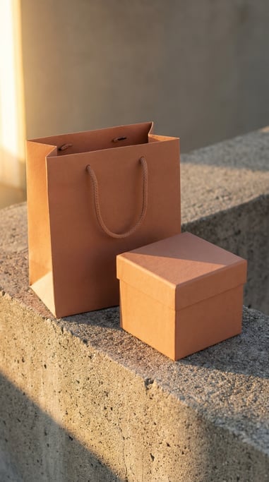 Matte finish gift bag in matte clay, next to a matching box