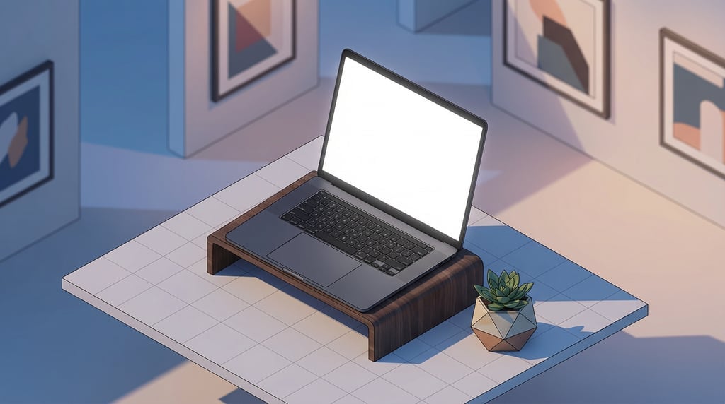Isometric view, professional laptop on a dark walnut desk