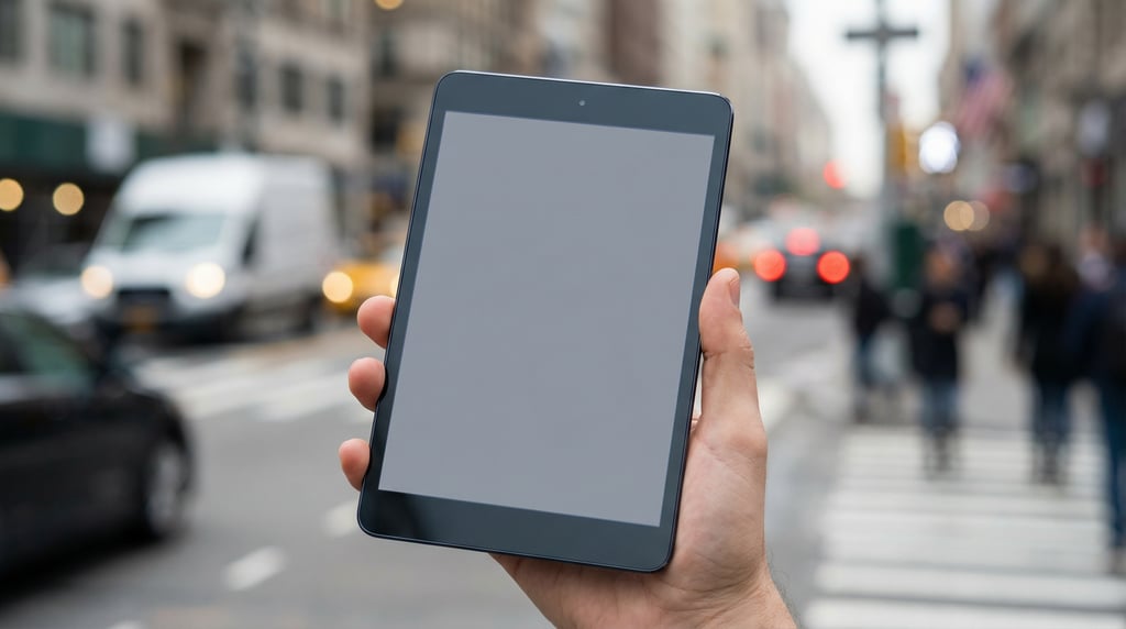 Hand holding a pro tablet with blurred city street behind