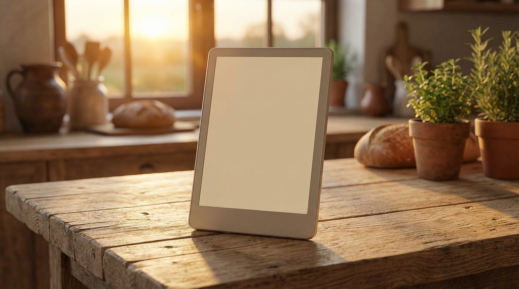 E-reader device on a raw plywood desk, blank solid champagne screen with no content or UI