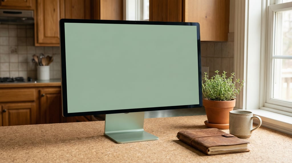 Large desktop monitor on a cork desk surface, blank solid soft sage screen with no content or UI