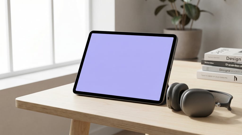 Pro tablet on a light birch desk, blank solid soft lavender screen with no content or UI
