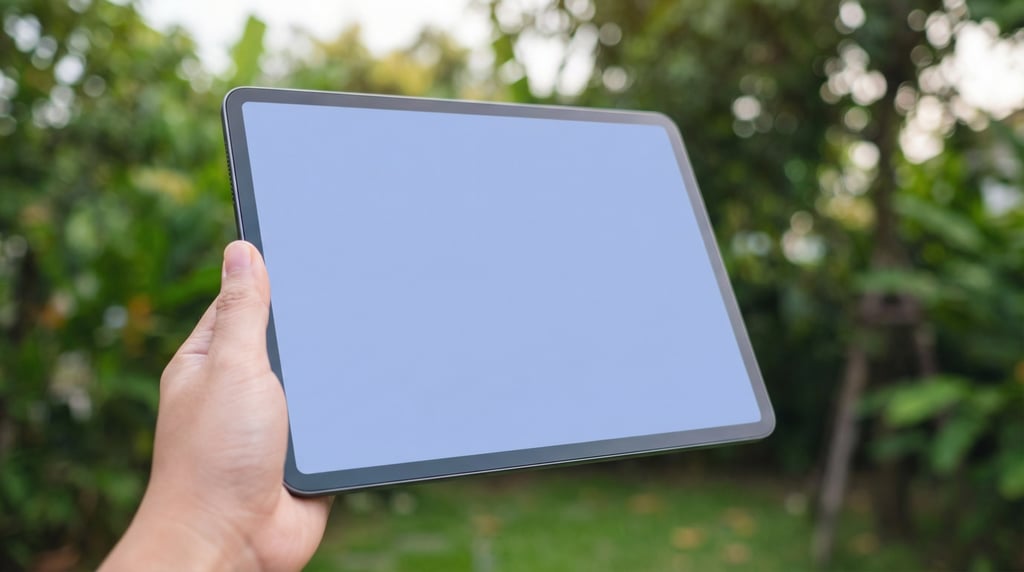 Hand holding a pro tablet outdoors with soft bokeh greenery