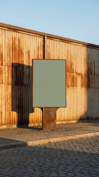 Wayfinding sign on a pedestal on a corrugated metal wall