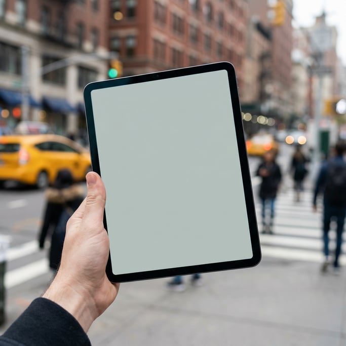 Hand holding a pro tablet with blurred city street behind