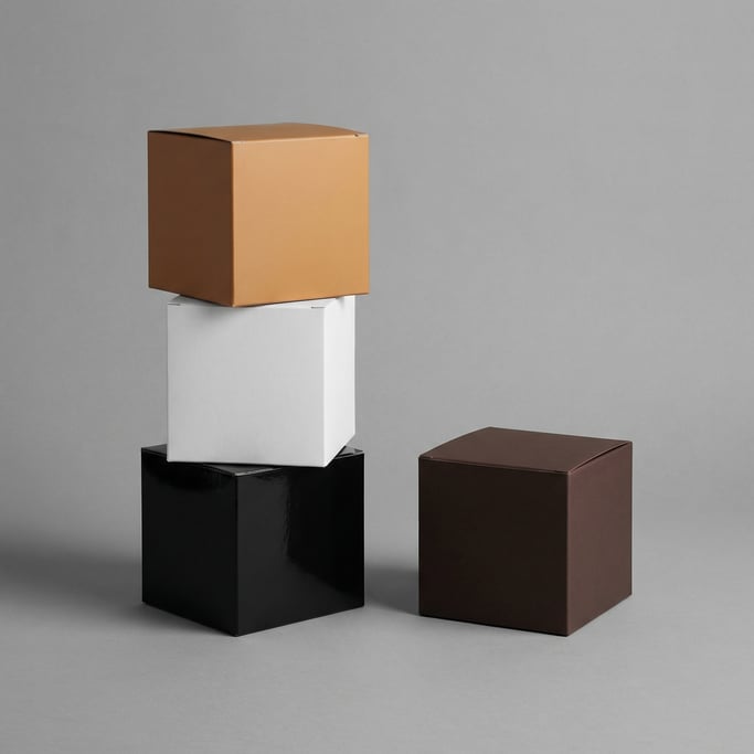 Cube-shaped box, stack of three boxes, each a different color — glossy black, matte white