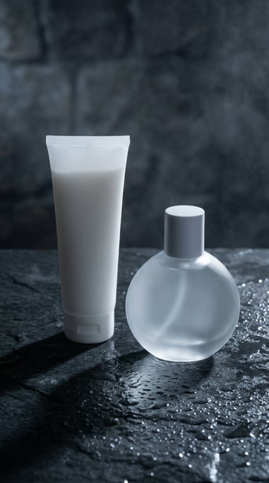 Squeeze tube in frosted clear and round glass bottle with cap in matte white