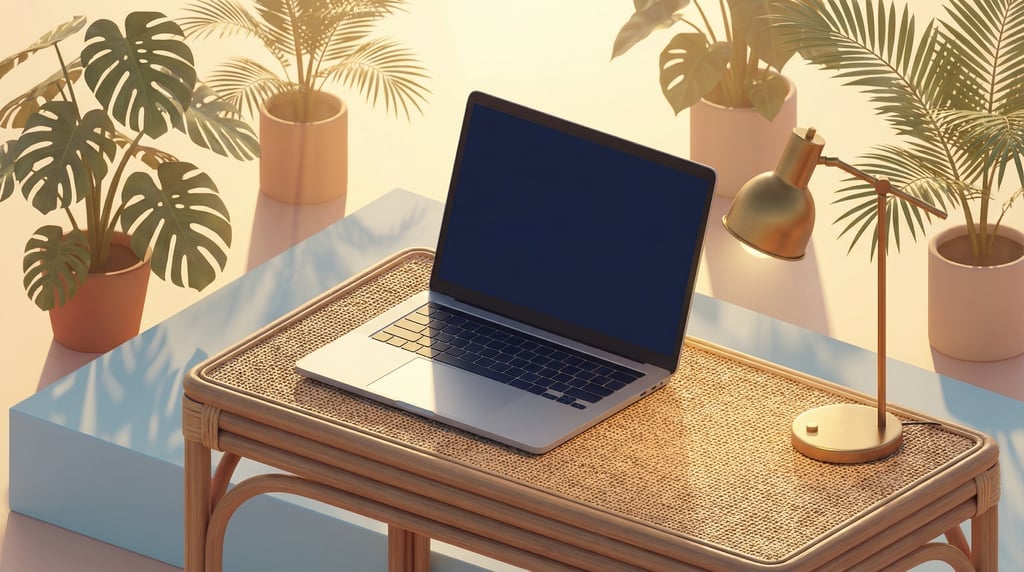 Isometric view, thin modern laptop on a rattan desk, blank solid navy screen with no content or UI