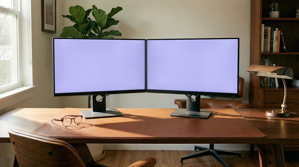 Dual monitor setup on a leather desk pad, blank solid soft lavender screen with no content or UI
