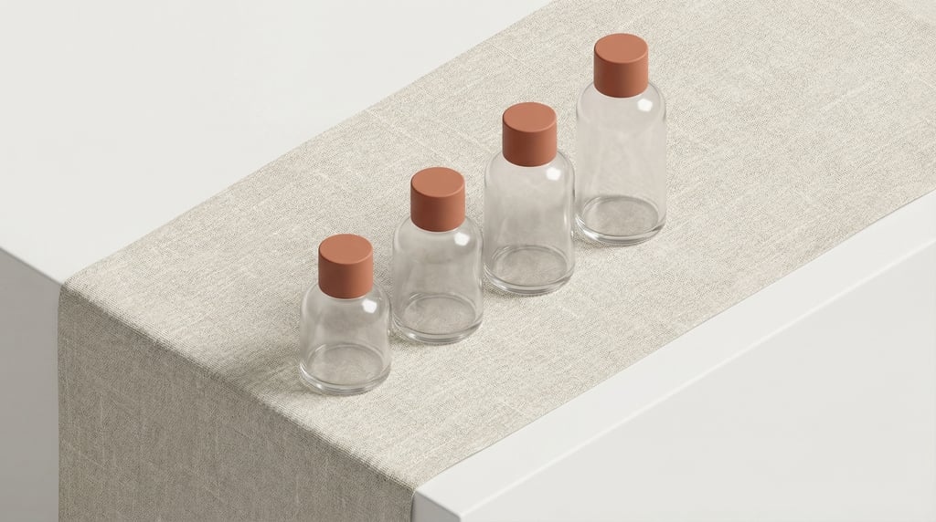 Isometric view, round glass bottle with cap in matte terracotta, row of four in graduated heights