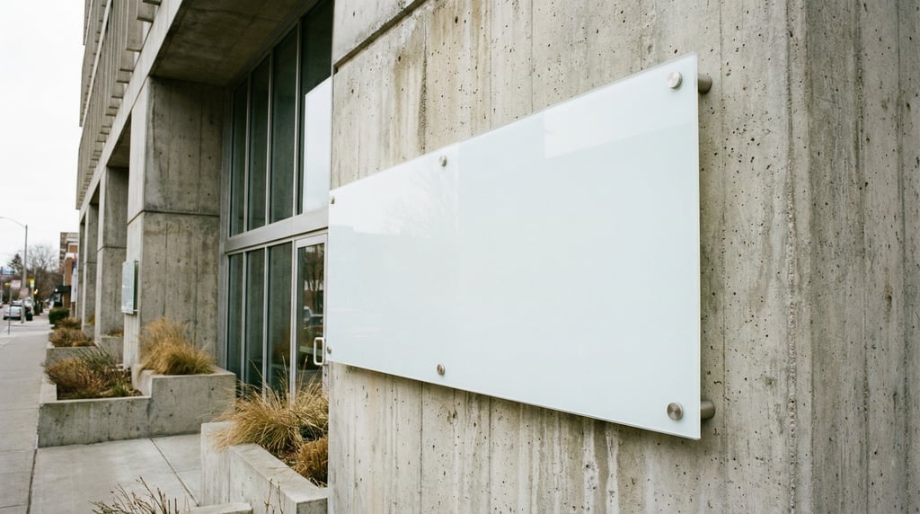 Large rectangular wall sign mounted on raw concrete wall