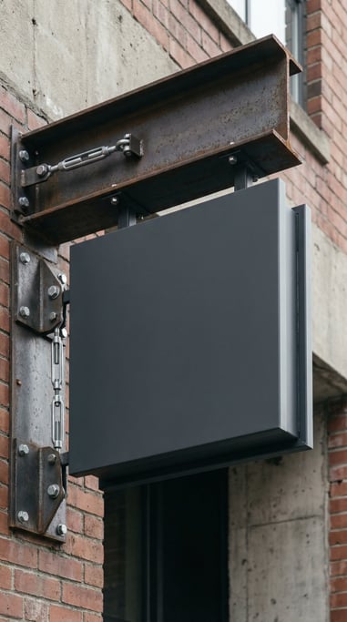 Double-sided projecting sign attached to a metal beam