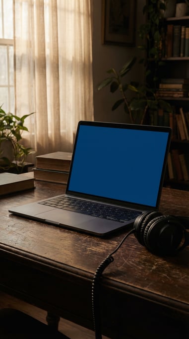 Sleek laptop on a aged wood surface, blank solid deep blue screen with no content or UI